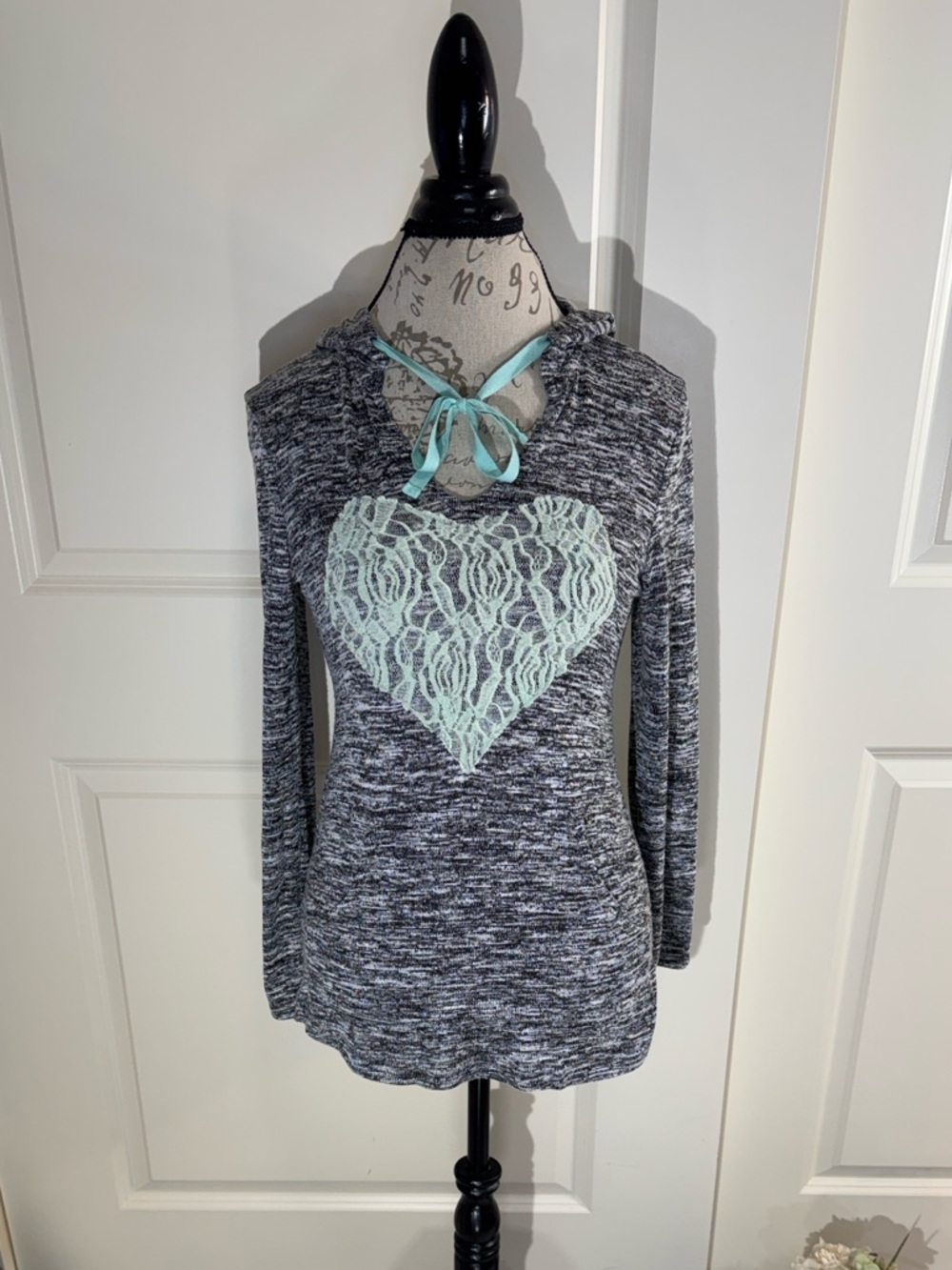 Miss Chievous Gray Marled Knit Hoodie with Mint Lace Heart Medium